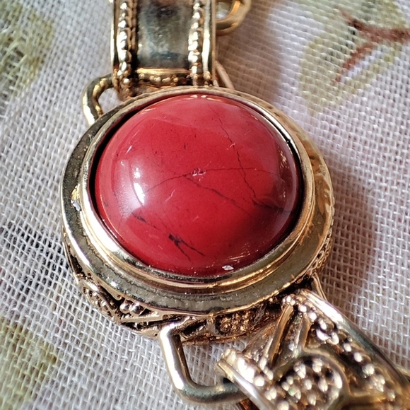 Unakite Stone Bracelet and Pierced Earrings Brass Tone Setting EUC Vintage - Picture 7 of 14